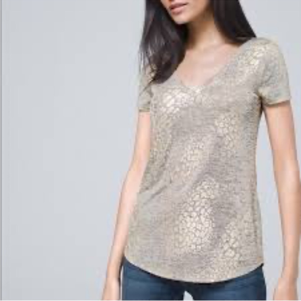 White House Black Market Metallic Print Tee Animal V-Neck Grey Gold Size M